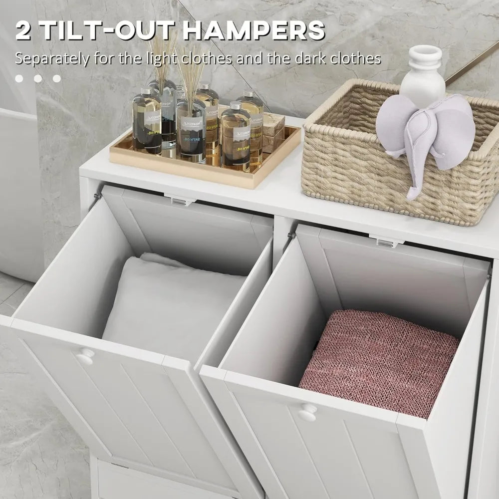 Modern Two Compartment Laundry Hamper Cabinet White for Bathroom and Laundry Room