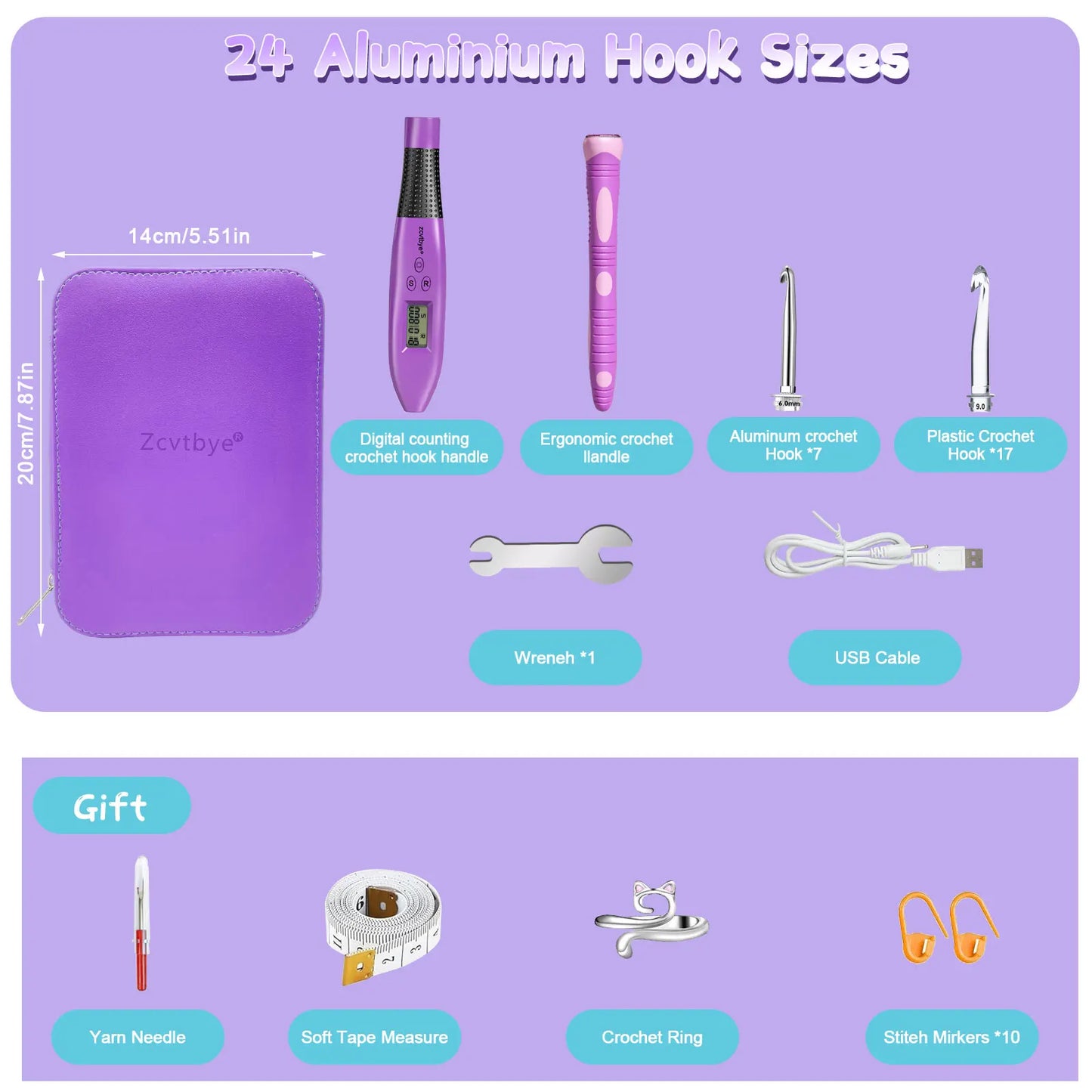 24PCS Ergonomic Crochet Hook Set with LED Light and Counter
