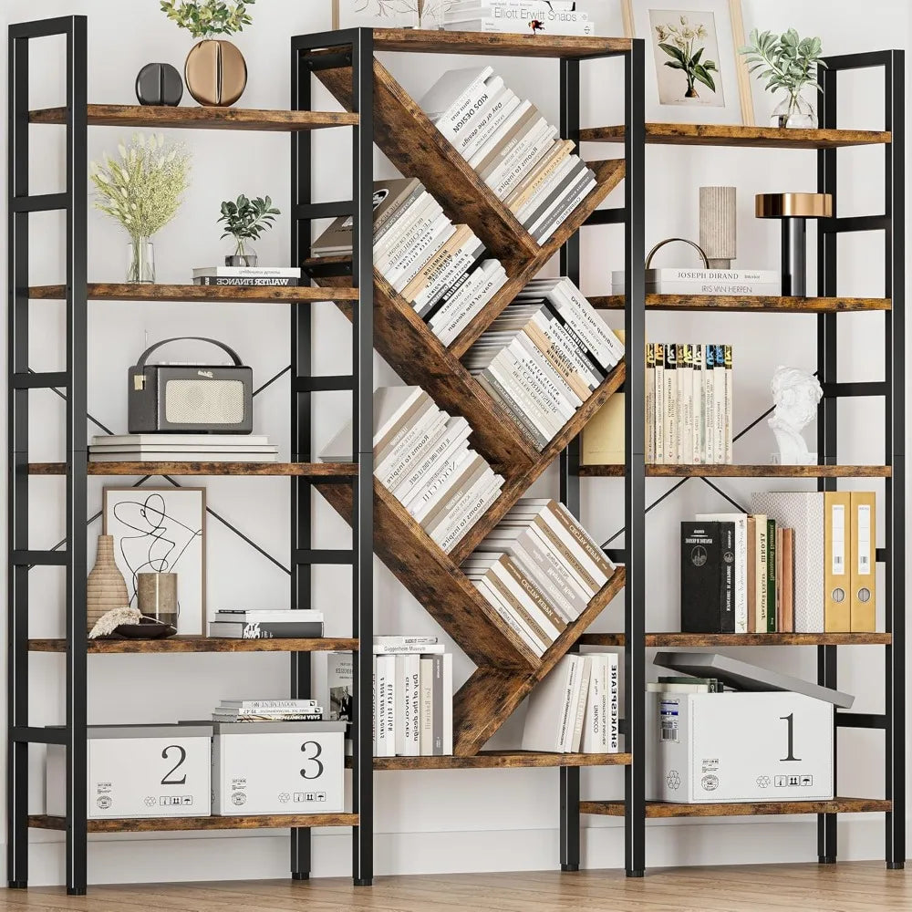 Tall Wood Bookcase With Metal Frame 5 Tier 17 Shelves
