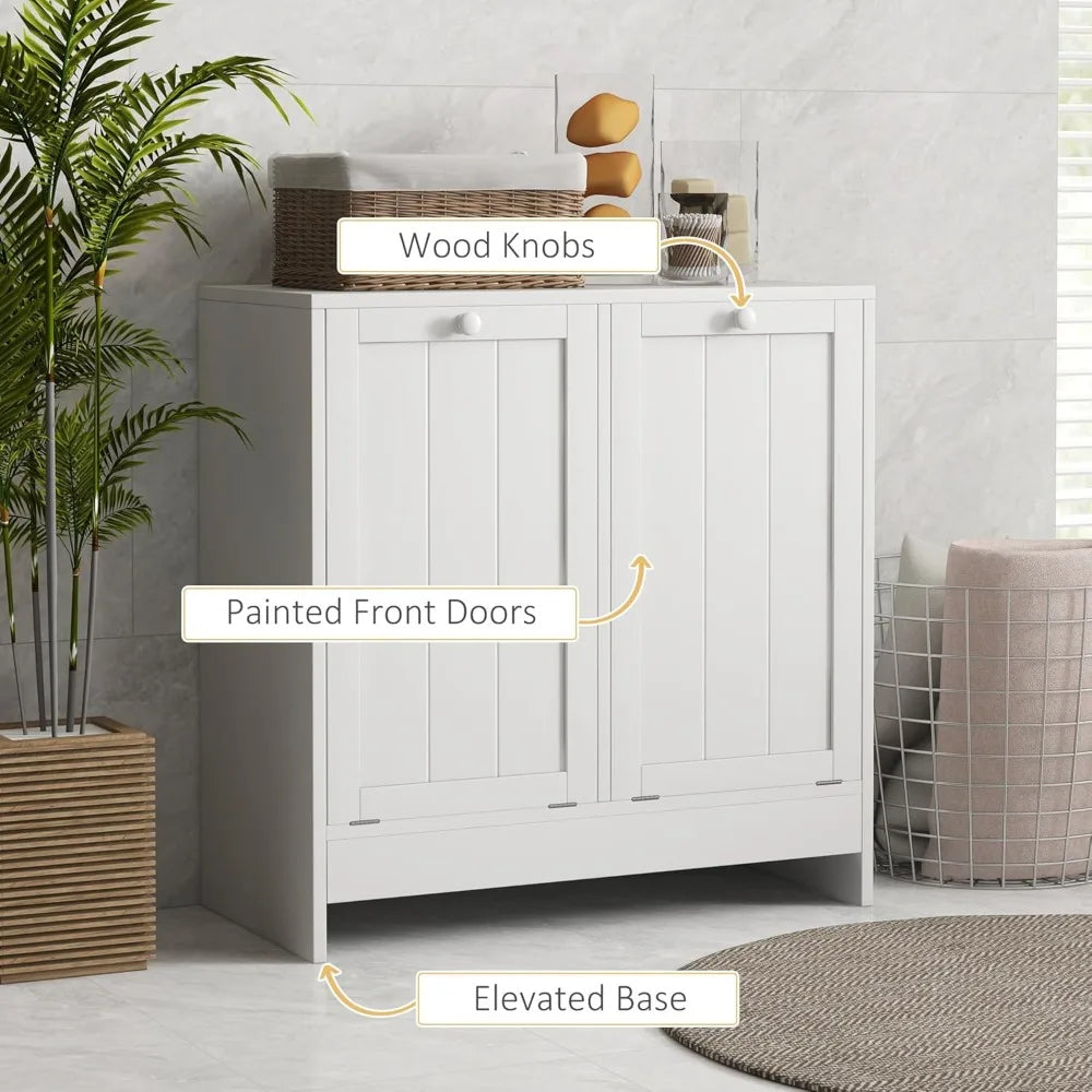 Modern Two Compartment Laundry Hamper Cabinet White for Bathroom and Laundry Room