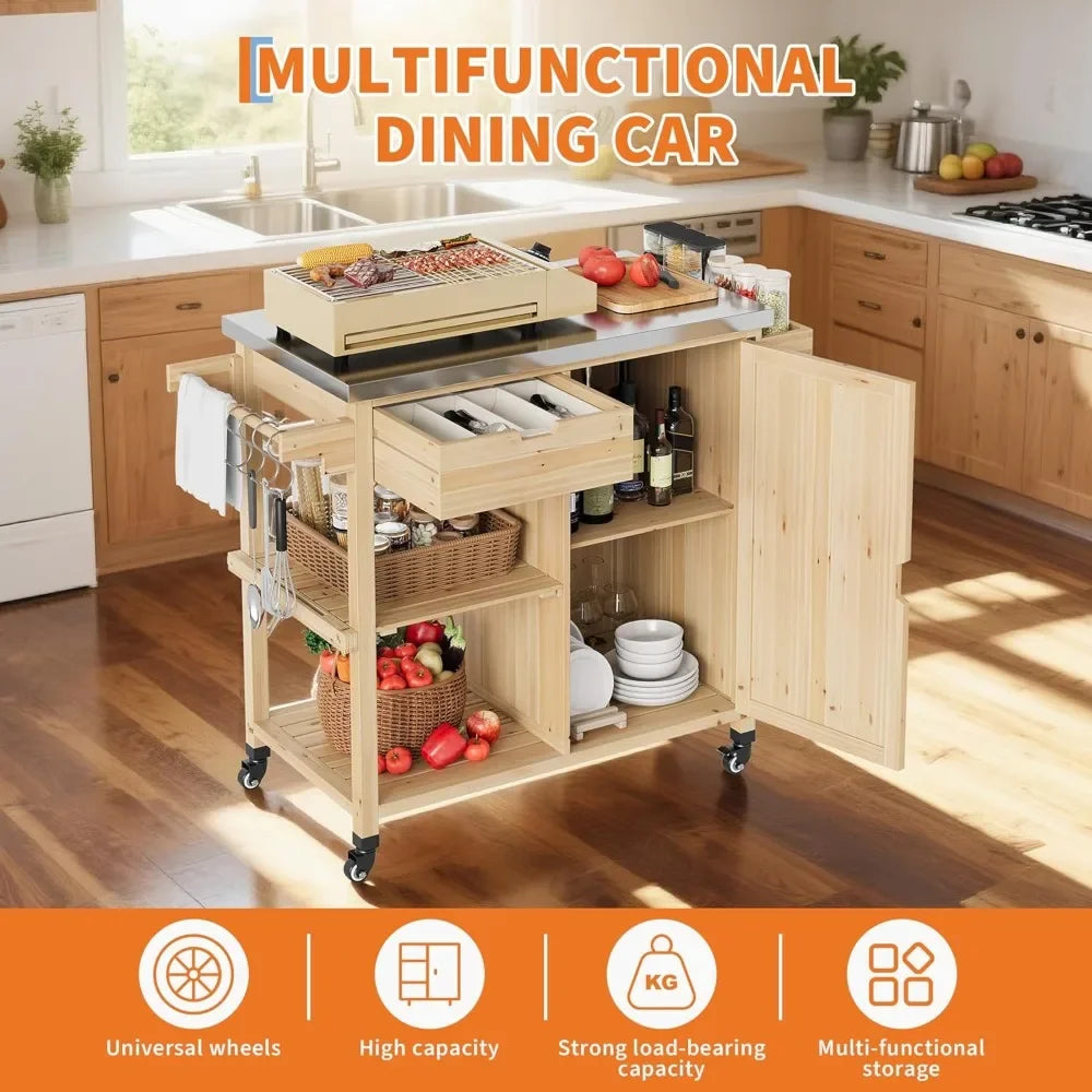 Solid Wood Outdoor Grill Cart With Stainless Top And Storage