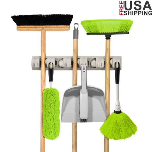 5 Broom Holder Wall Mounted Organizer with 6 Hooks for Utility