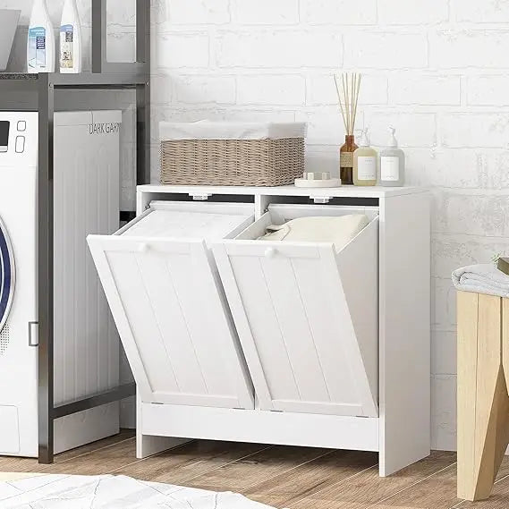 Modern Two Compartment Laundry Hamper Cabinet White for Bathroom and Laundry Room
