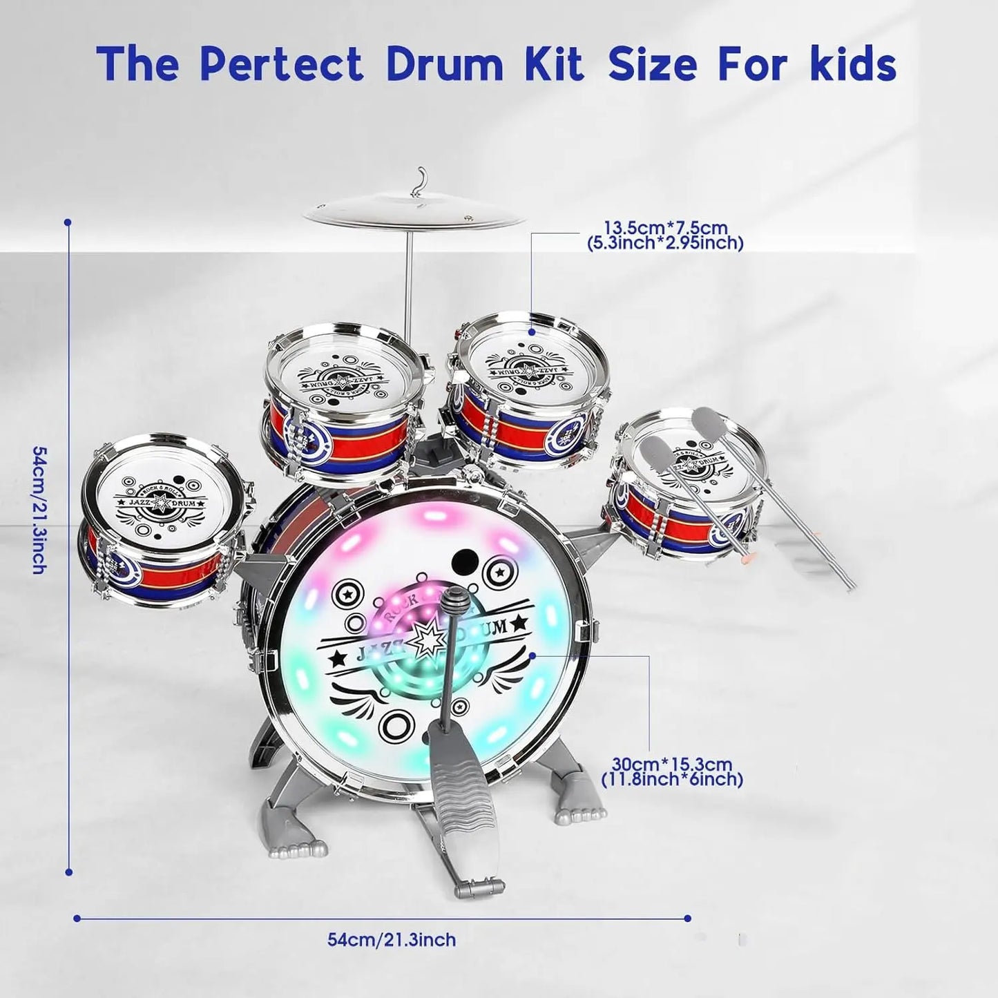Mini Jazz Drum Set with Stool for Beginners Kids 6 Drums LED
