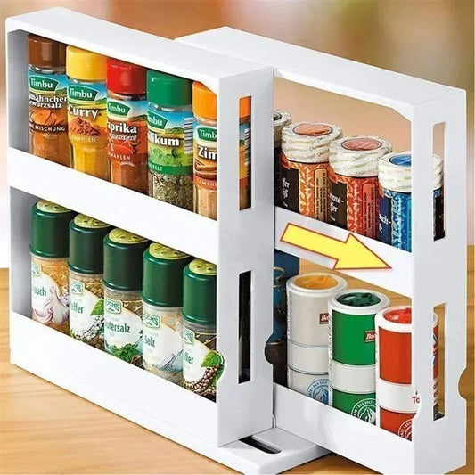 Two Tier Rotate Spice Storage Rack And Swivel Organizer For Kitchen And Bathroom White