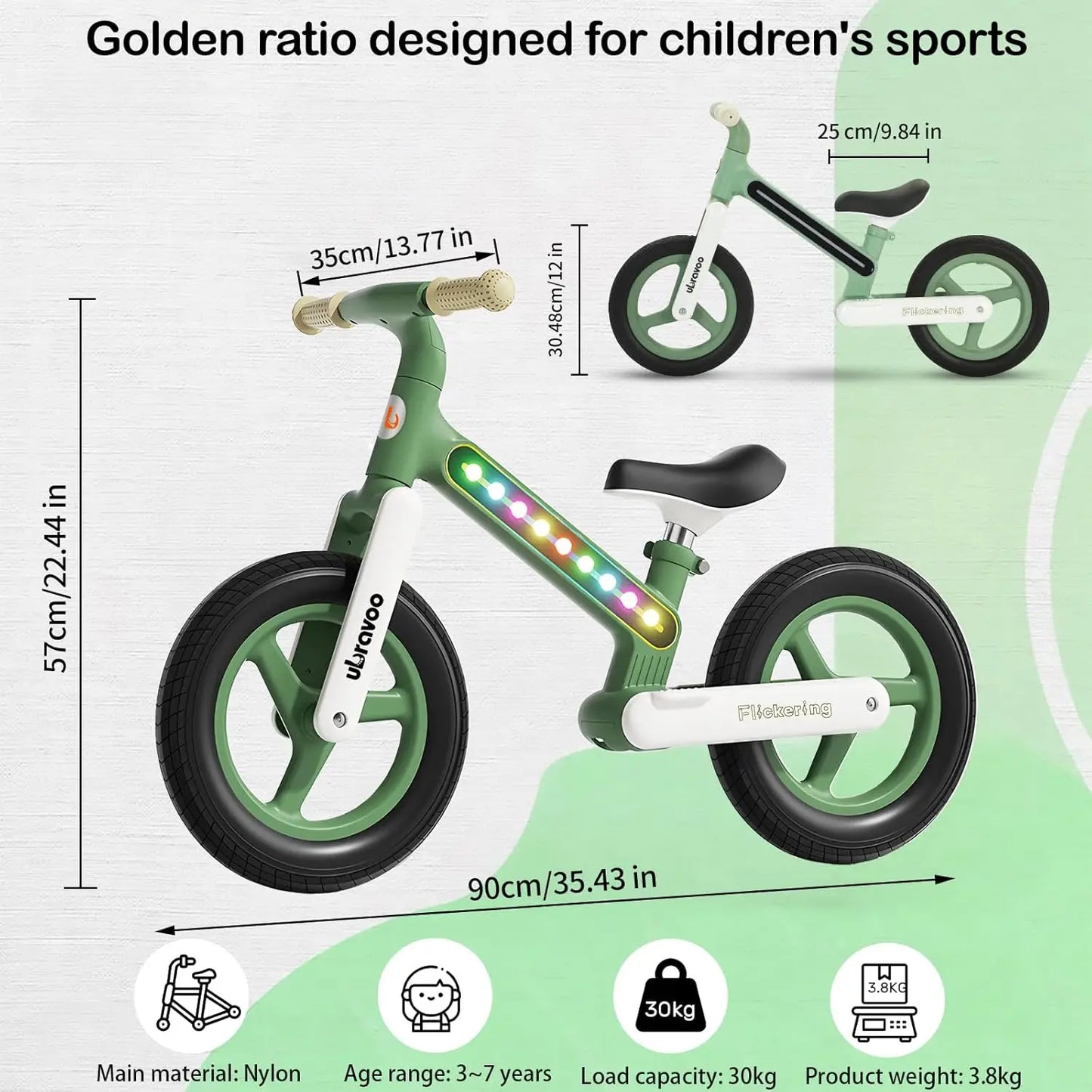 Ubravoo Balance Bike For Kids With Lights Adjustable Seat