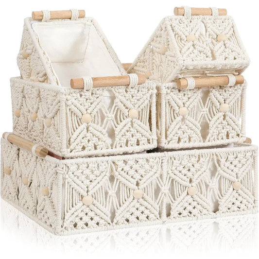 5 Piece Macrame Decorative Storage Bins with Wooden Handles
