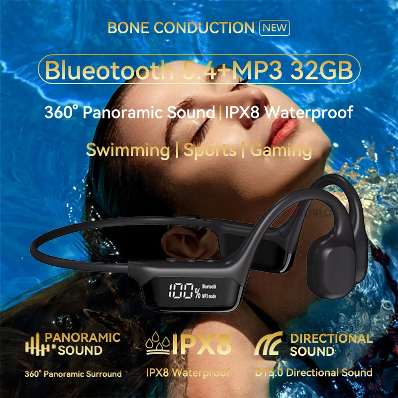 VAORLO Bone Conduction Headphones IPX8 Waterproof BT 5.4 MP3
