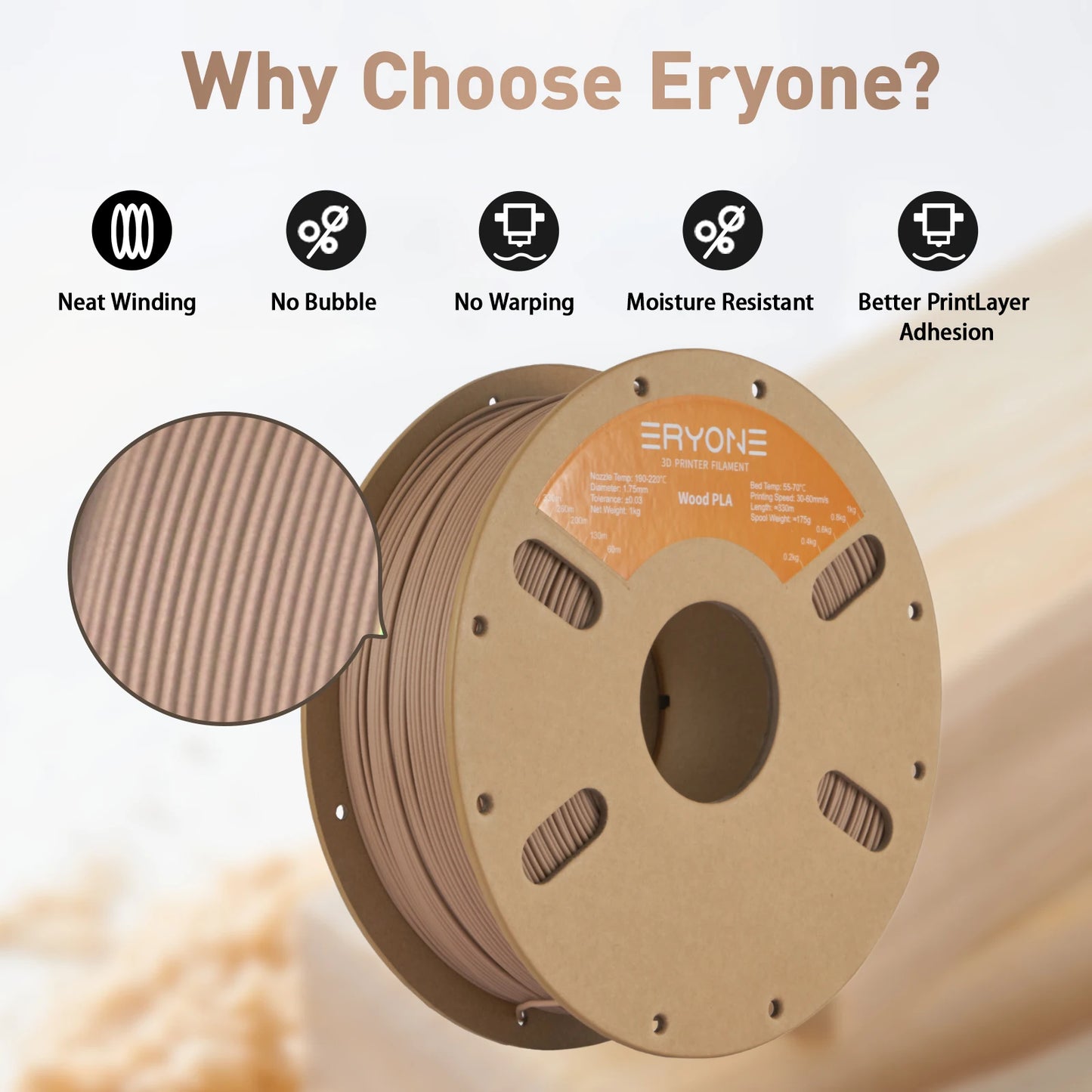Eryone Wood PLA Filament 1KG 1.75mm High Quality 3D Printing