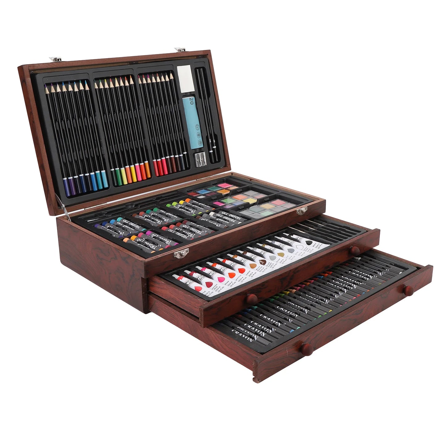 142PCS Wooden Art Set with Colored Pencils and Oil Pastels