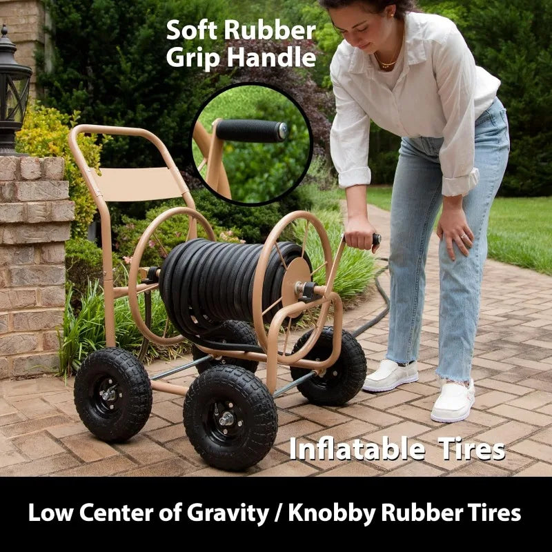 Beige 4 Wheel Hose Reel Cart for Garden and Lawn 300 Feet