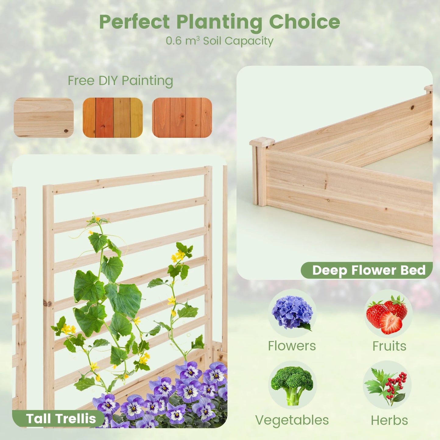 Wooden U-Shaped Raised Garden Bed Planter Box with Trellis