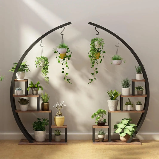 2 Piece 5 Tier Metal Plant Stand Half Moon Shape for Home Garden