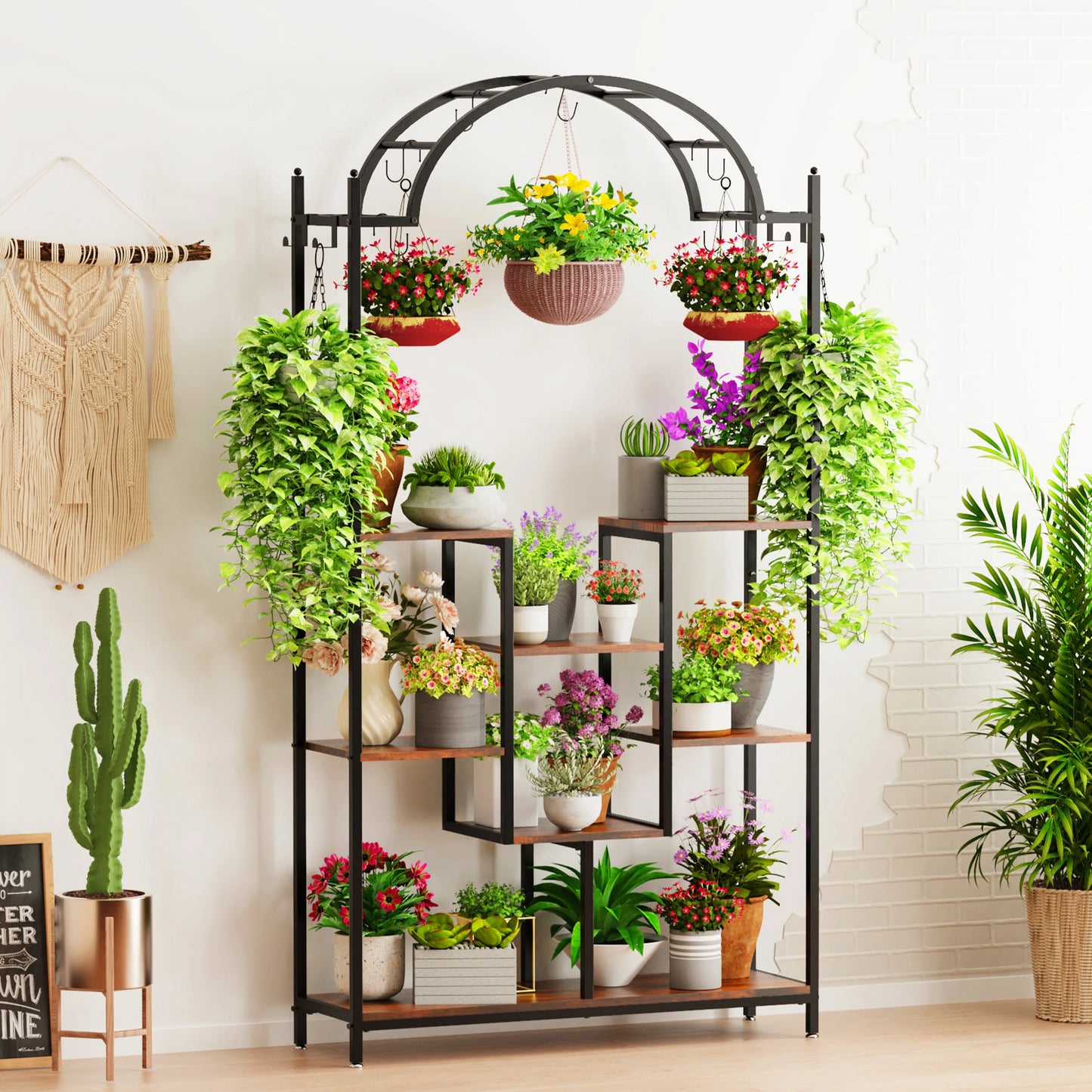 5-Tier Tall Indoor Plant Stand with Arched Metal Design