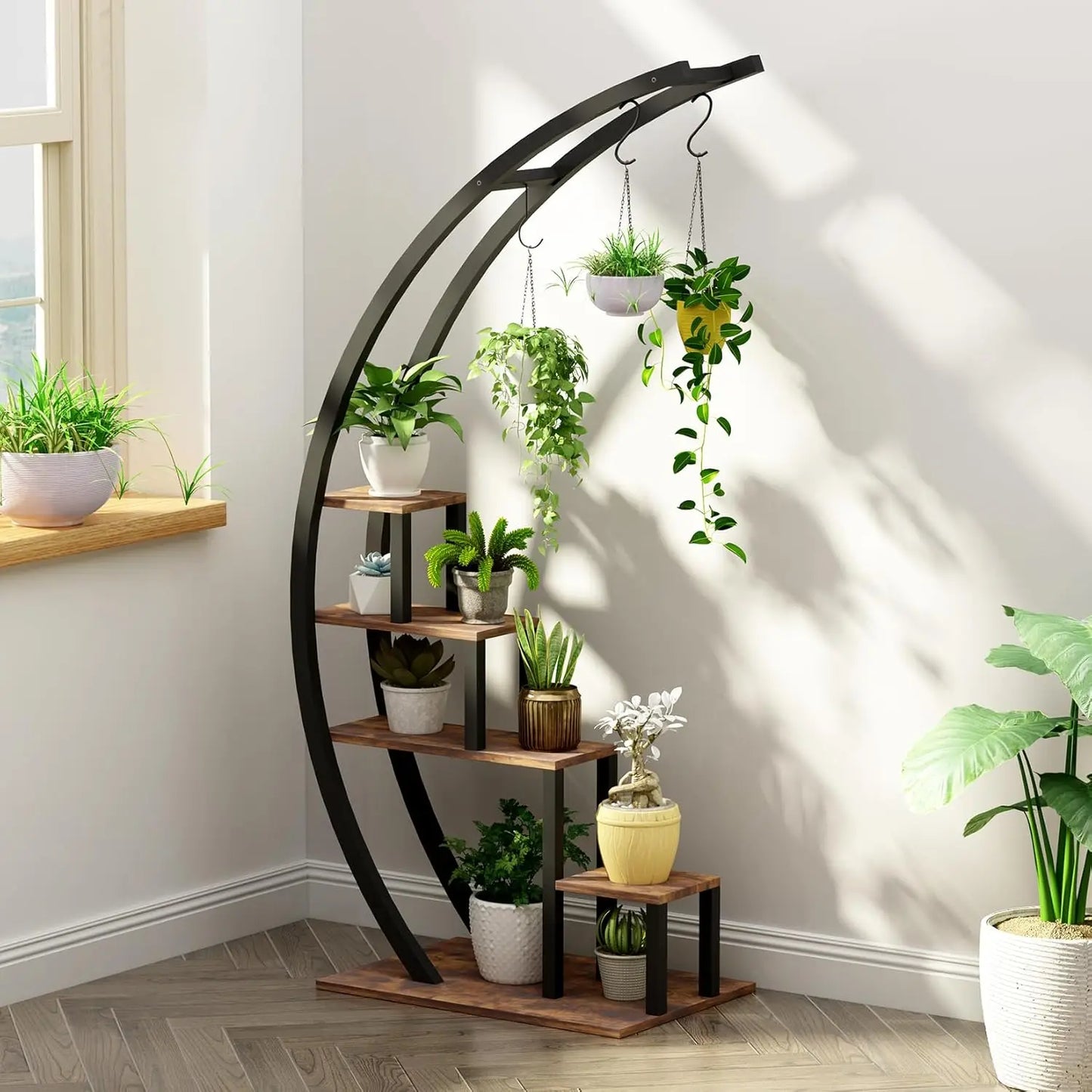 2 Piece 5 Tier Metal Plant Stand Half Moon Shape for Home Garden