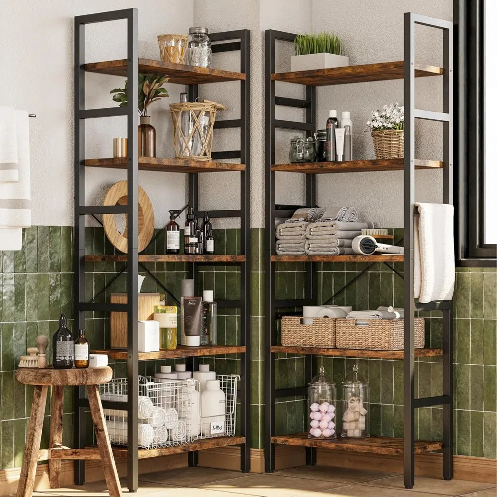 Tall Wood Bookcase With Metal Frame 5 Tier 17 Shelves