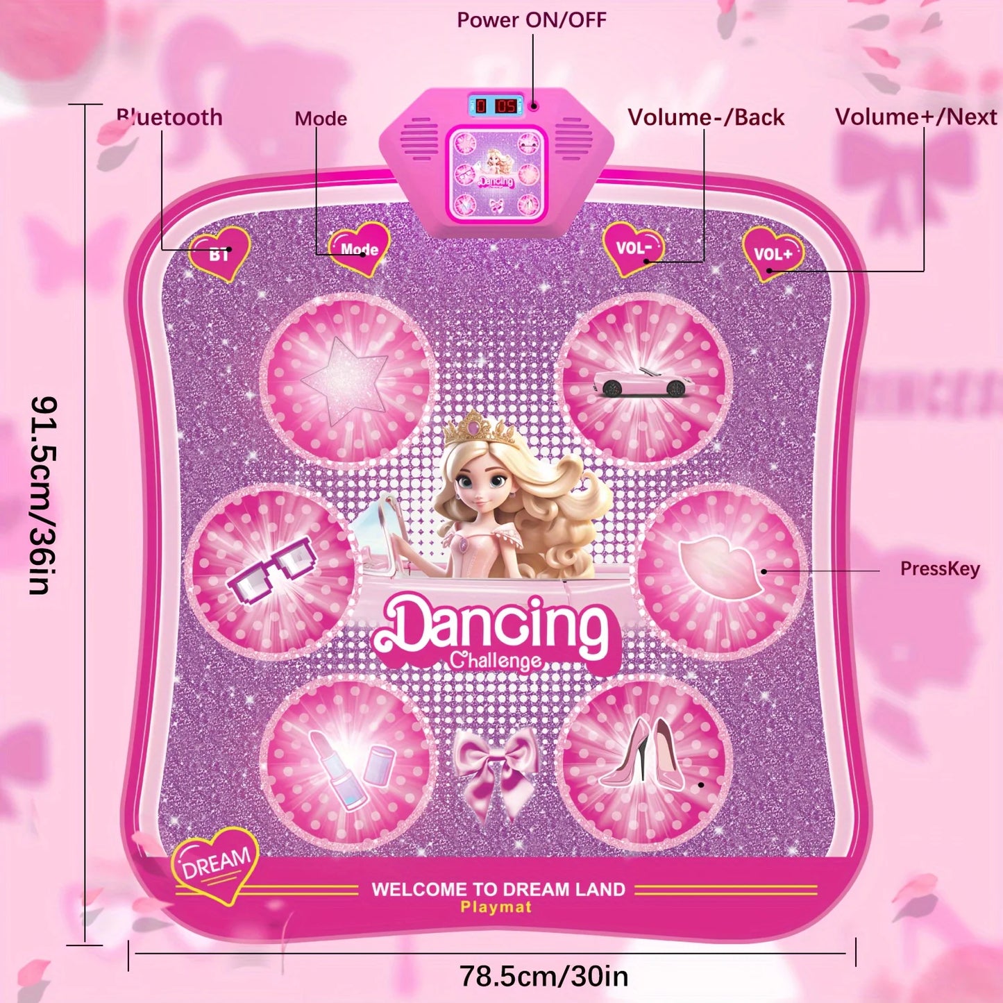 Portable LED Dance Mat For Kids Pink Princess Music