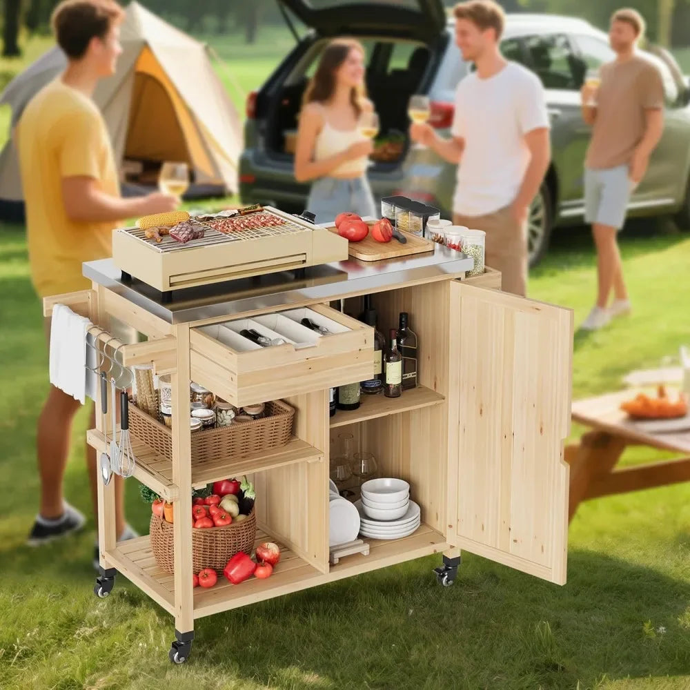 Solid Wood Outdoor Grill Cart With Stainless Top And Storage