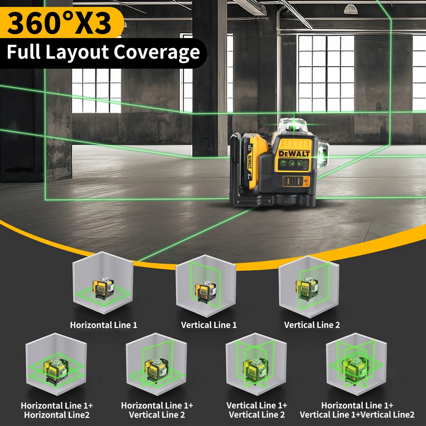 DEWALT DW089LG Laser Level with 12V Battery and Green Lines