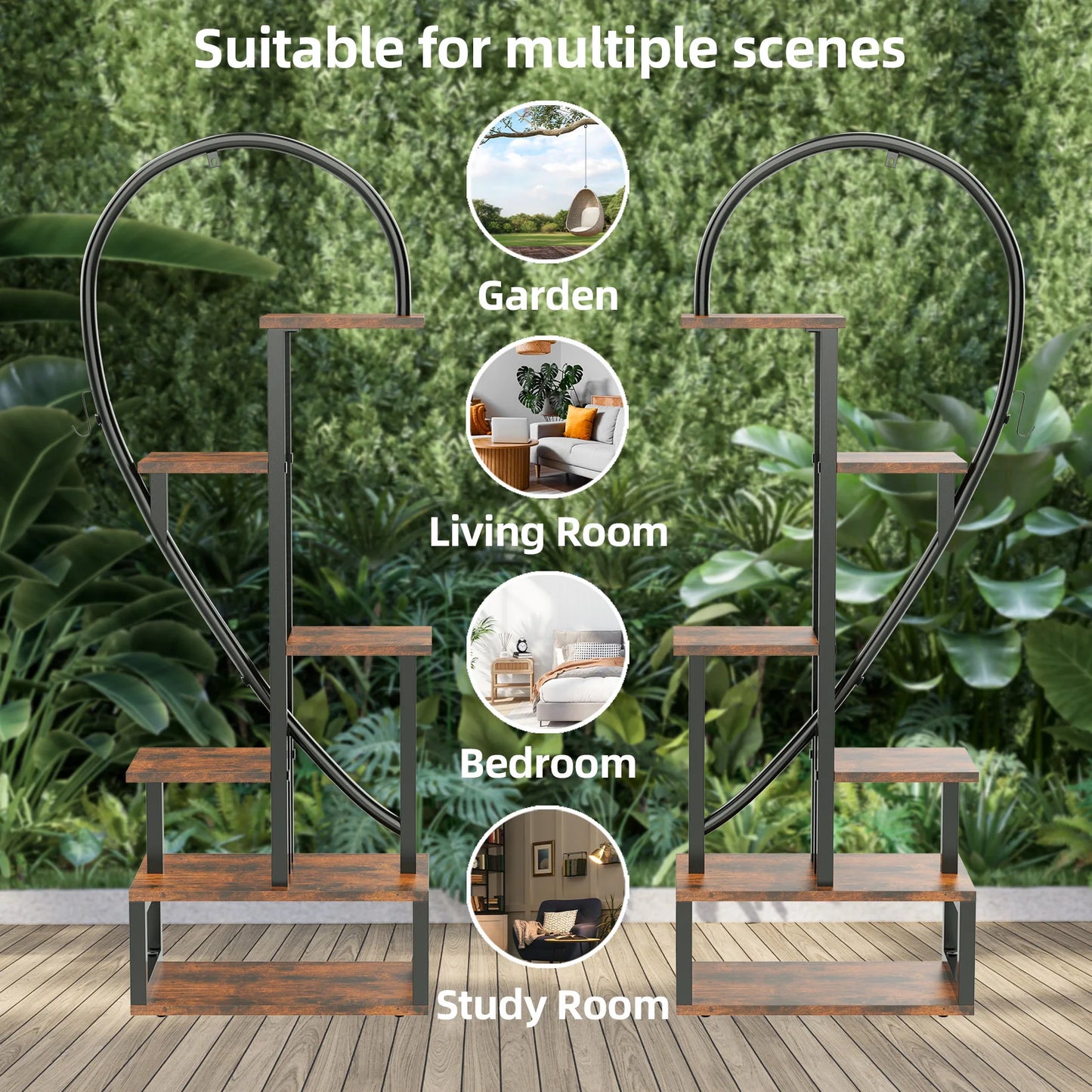 6 Tier Heart Shaped Wood and Metal Plant Stand Storage Shelf