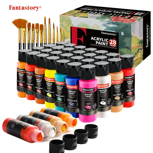 Fantastory 28 Classic Colors Acrylic Paint Set With 12 Brushes