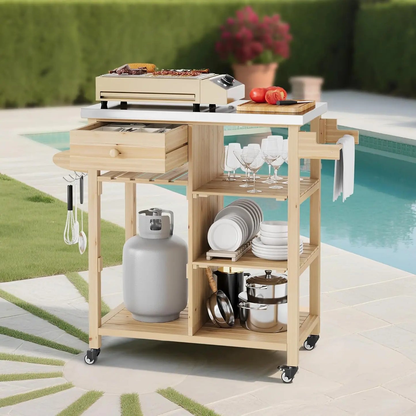 Solid Wood Outdoor Grill Cart With Stainless Top And Storage