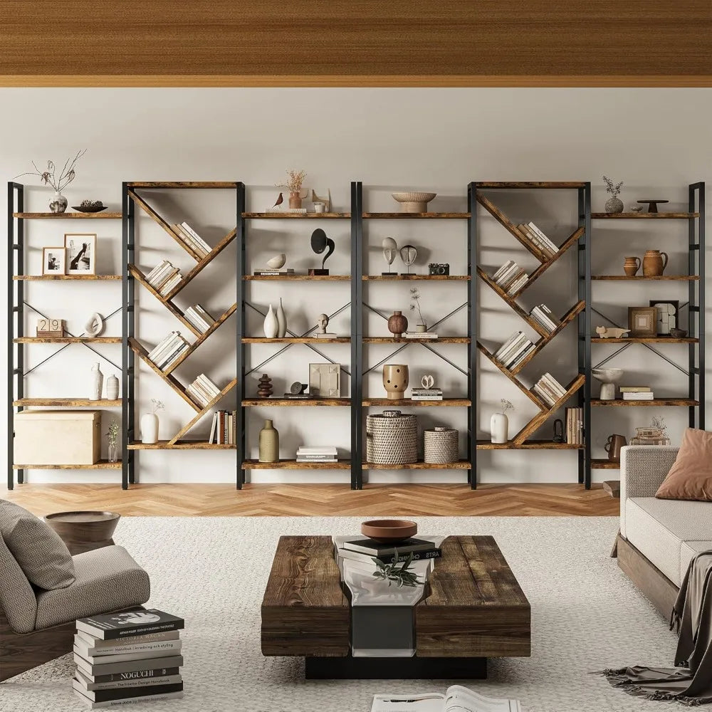 Tall Wood Bookcase With Metal Frame 5 Tier 17 Shelves