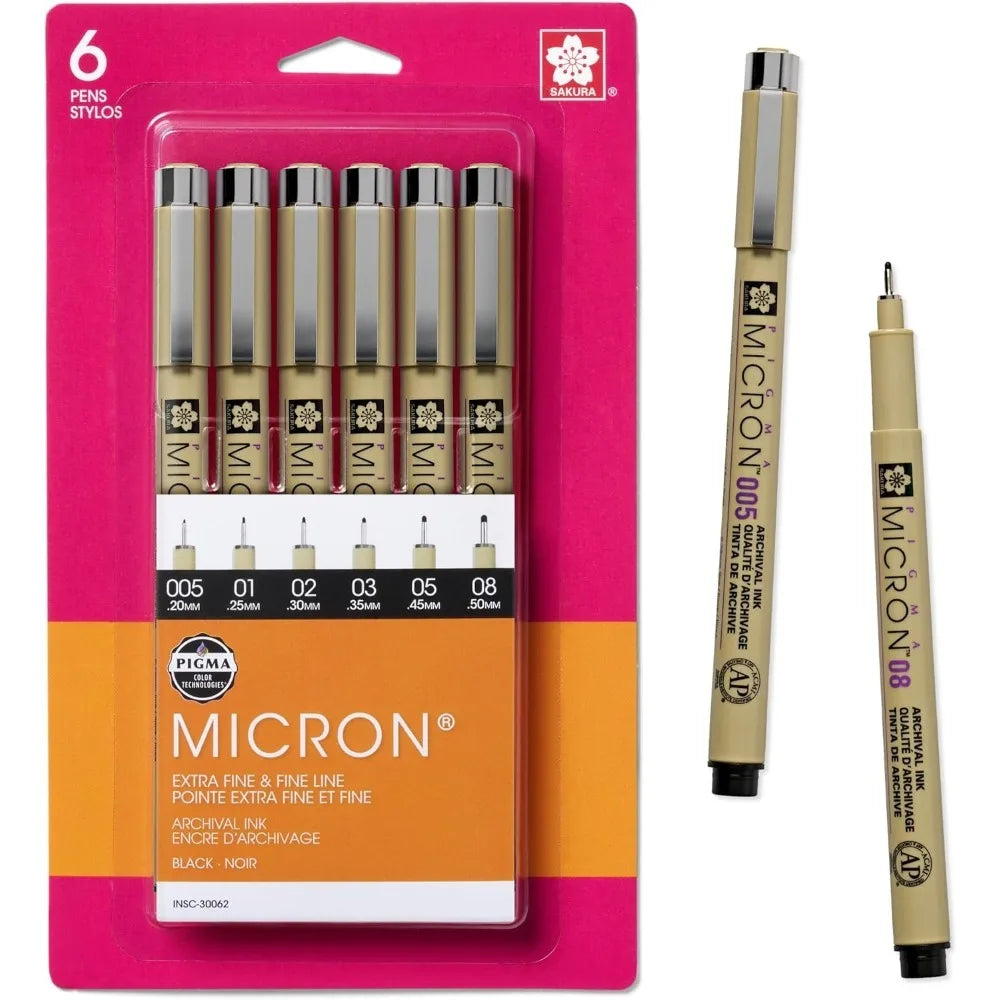 Sakura Pigma Micron Fineliners Set of 6 Black Archival Pens