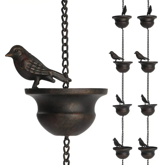 8 Feet Metal Rain Chain with Bird Cups for Outdoor Decor