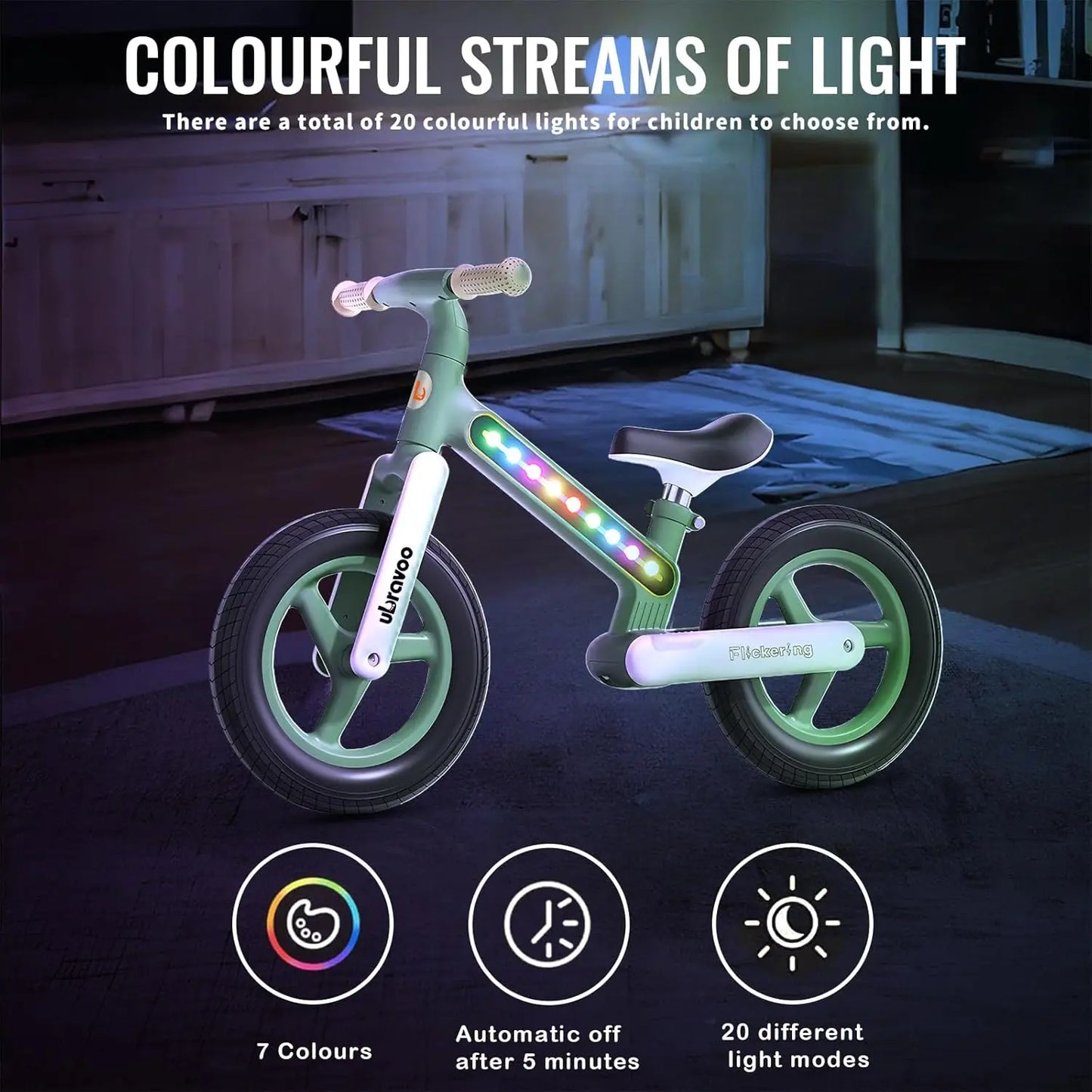 Ubravoo Balance Bike For Kids With Lights Adjustable Seat