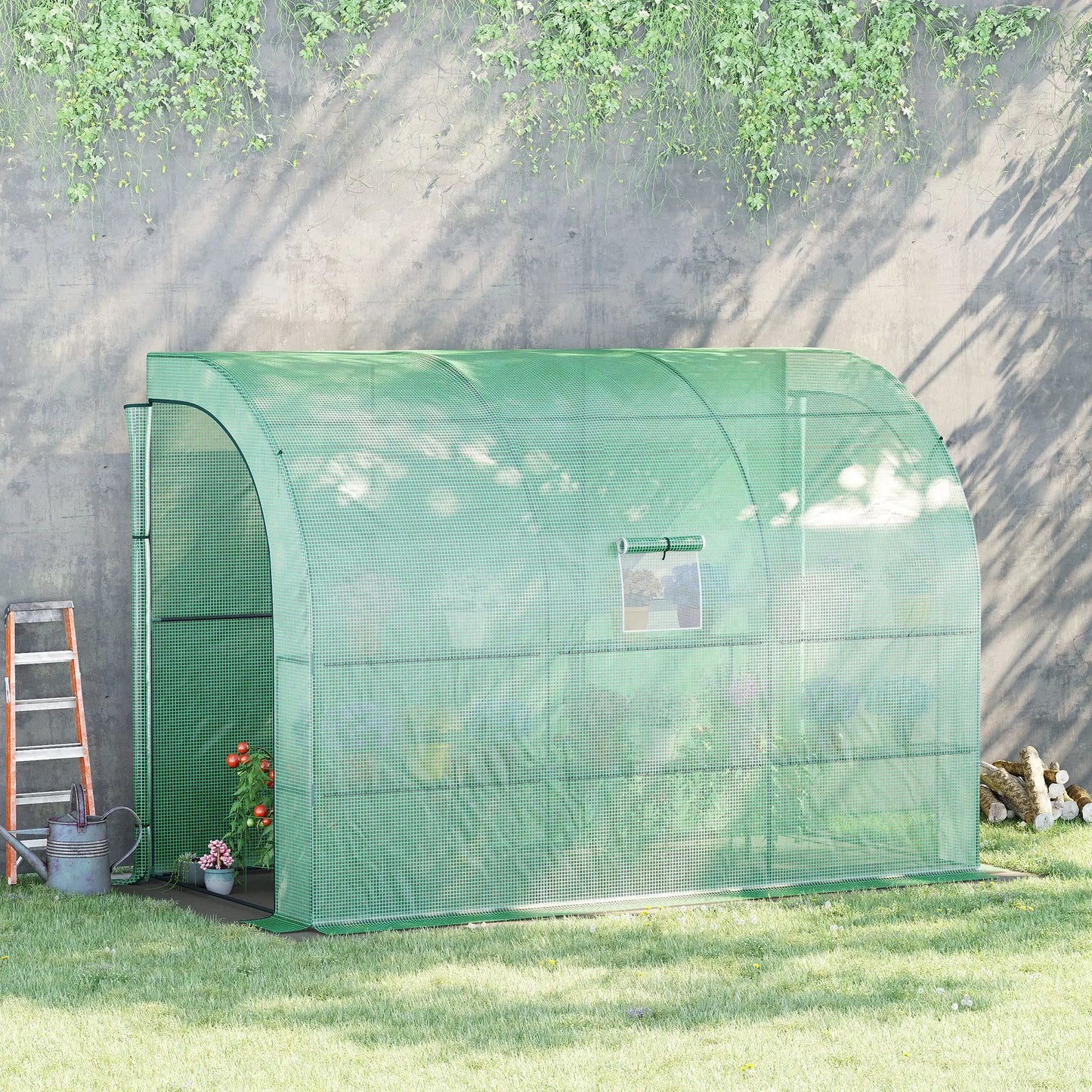 Outdoor Garden Greenhouse with Windows and Zippered Doors Green