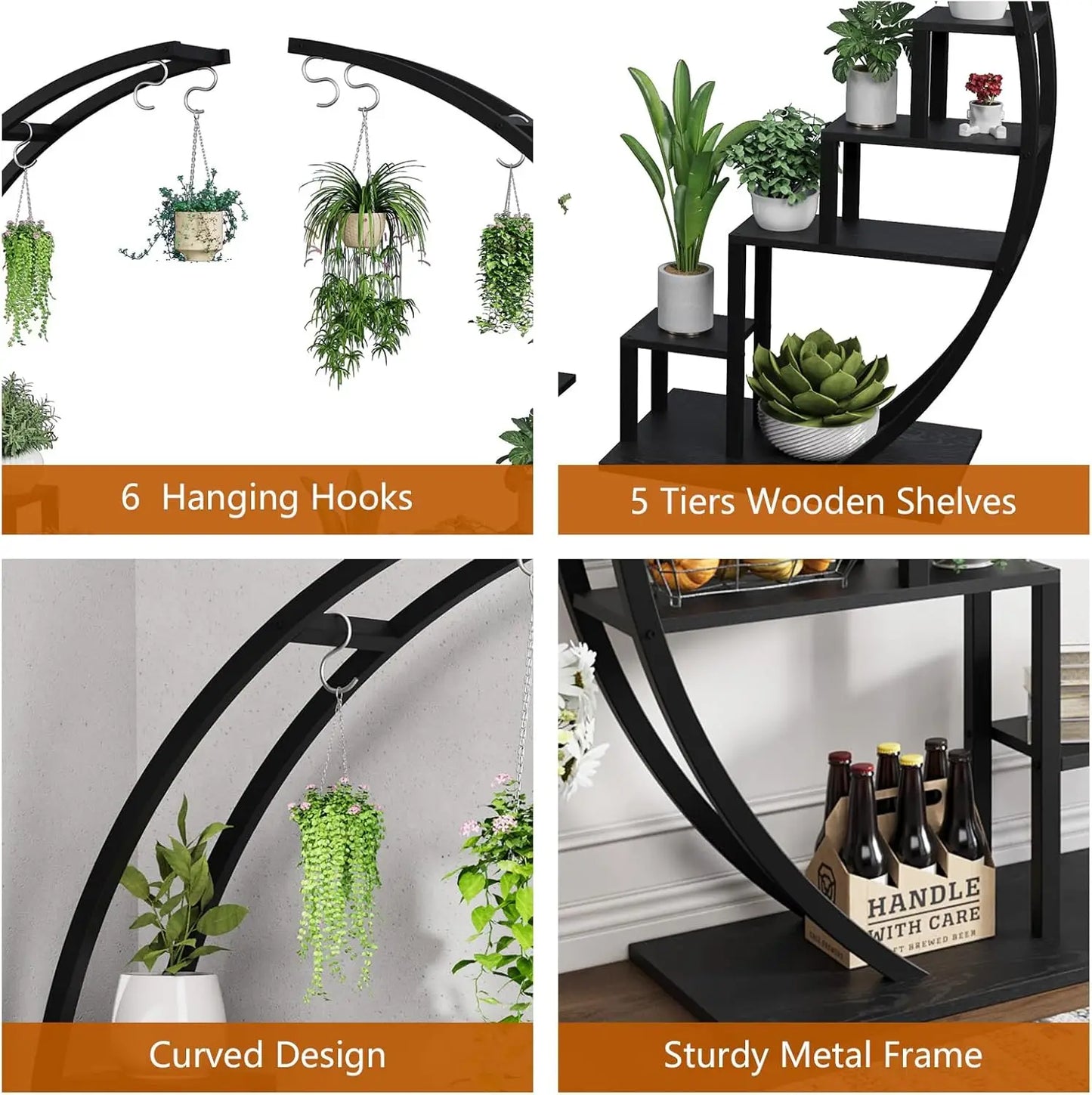 2 Piece 5 Tier Metal Plant Stand Half Moon Shape for Home Garden