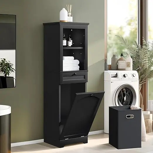 Tall 53 Inch Hidden Laundry Hamper Cabinet With Drawer In Black And Bathroom Storage Shelf