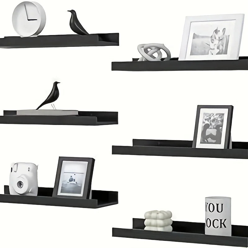 Six Piece Black Solid Wood Wall Shelf Set For Living Room And Bedroom TV Wall Decor Storage