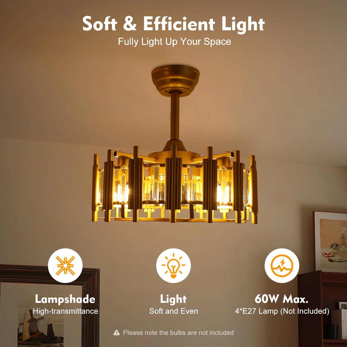 Modern Gold Ceiling Fan With Light Remote 35dB Quiet 5 Blade For Bedroom Living Room 3 Speed Timer