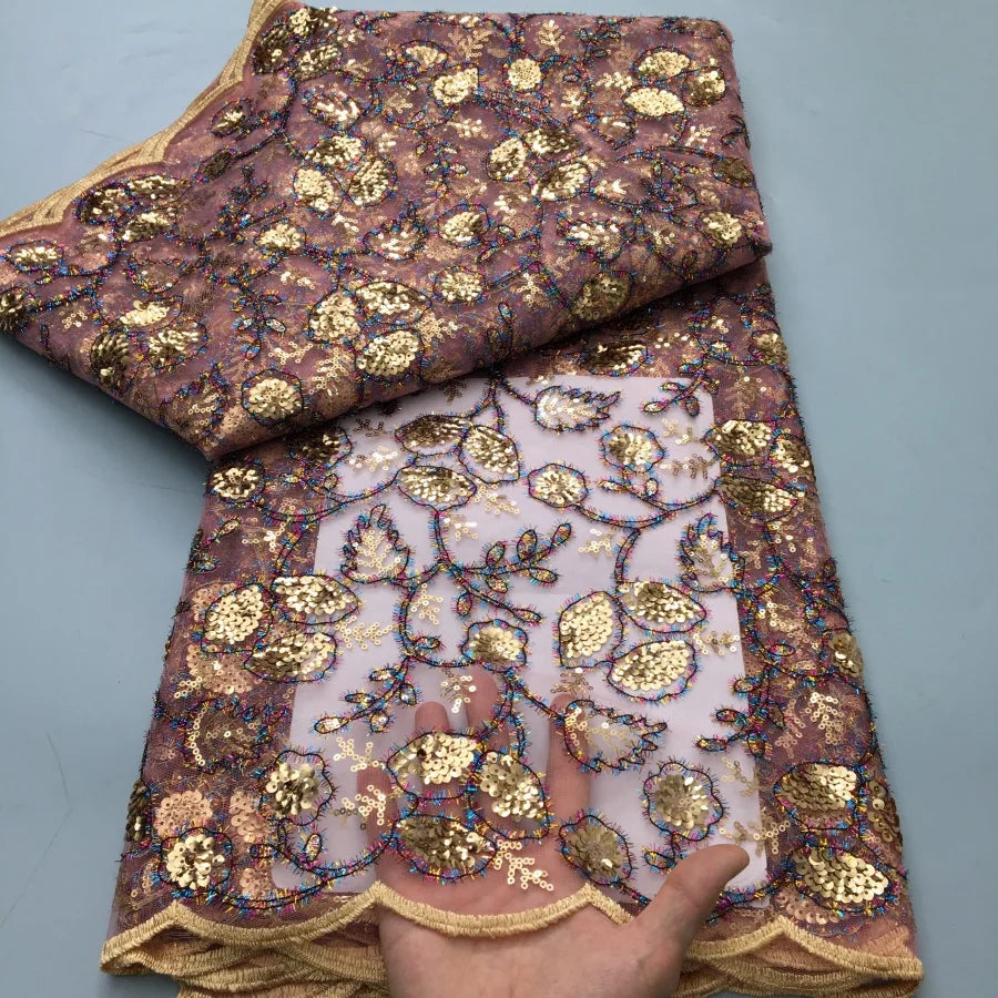 Luxury African Sequins Beaded Lace Fabric for Weddings