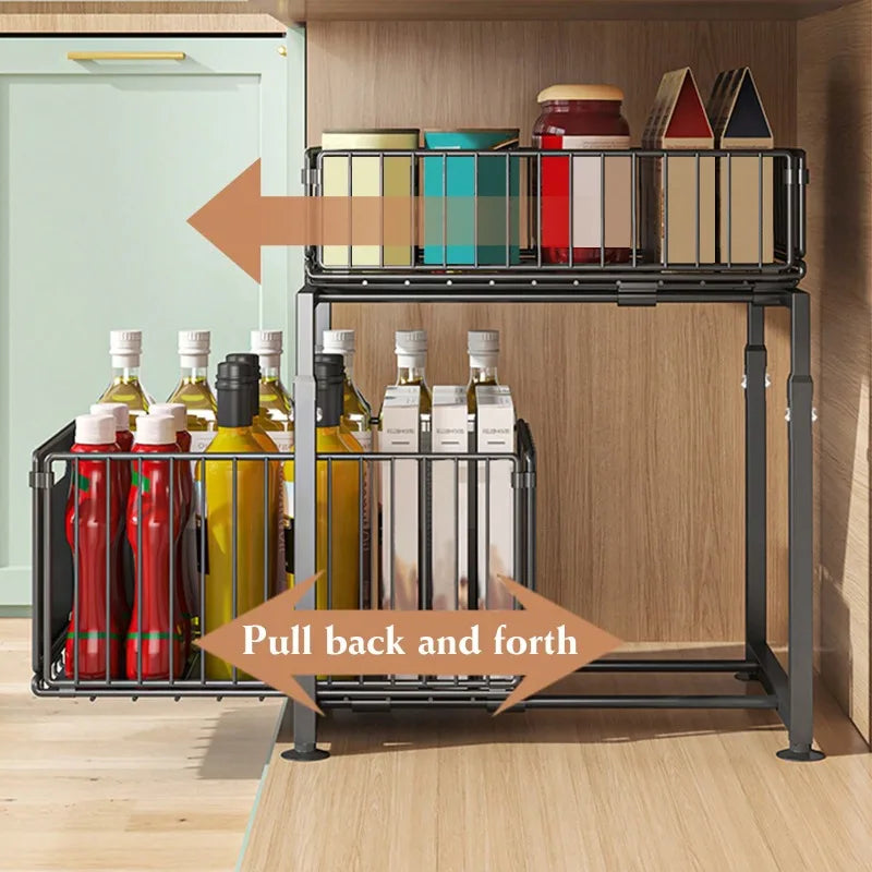 Pull Out Under Sink Storage Rack 2 Tier Sliding Basket Organizer