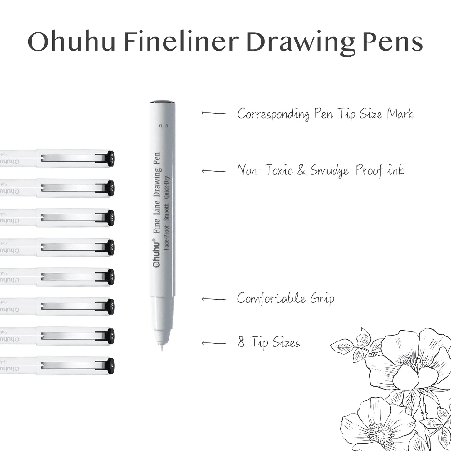 Ohuhu Micro Pen Fineliner Drawing Pens Set of 8 Fine Point