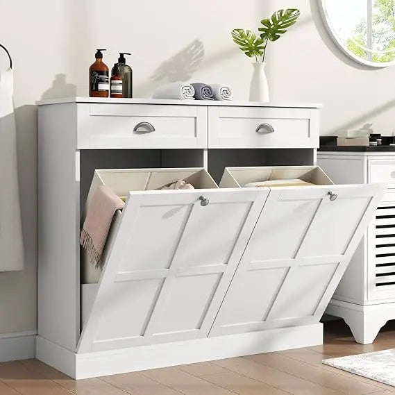 Double Tilt Out Laundry Hamper Cabinet With 2 Drawers And 2 Baskets 30 Gallon Bathroom Storage