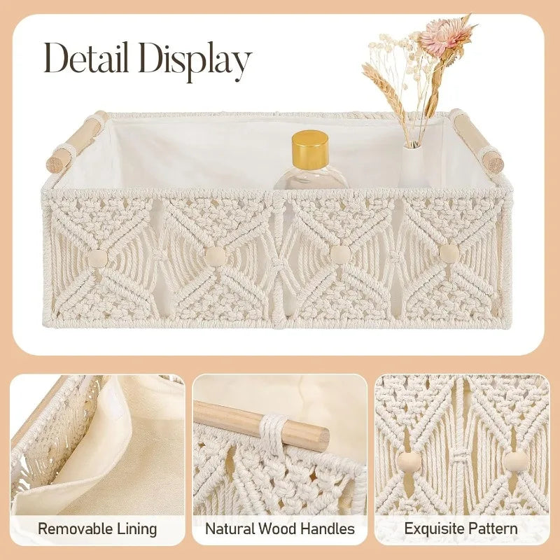 5 Piece Macrame Decorative Storage Bins with Wooden Handles