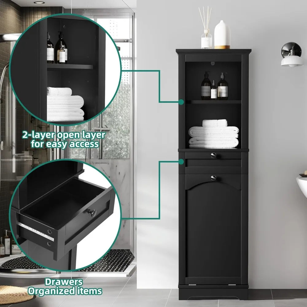 Tall 53 Inch Hidden Laundry Hamper Cabinet With Drawer In Black And Bathroom Storage Shelf