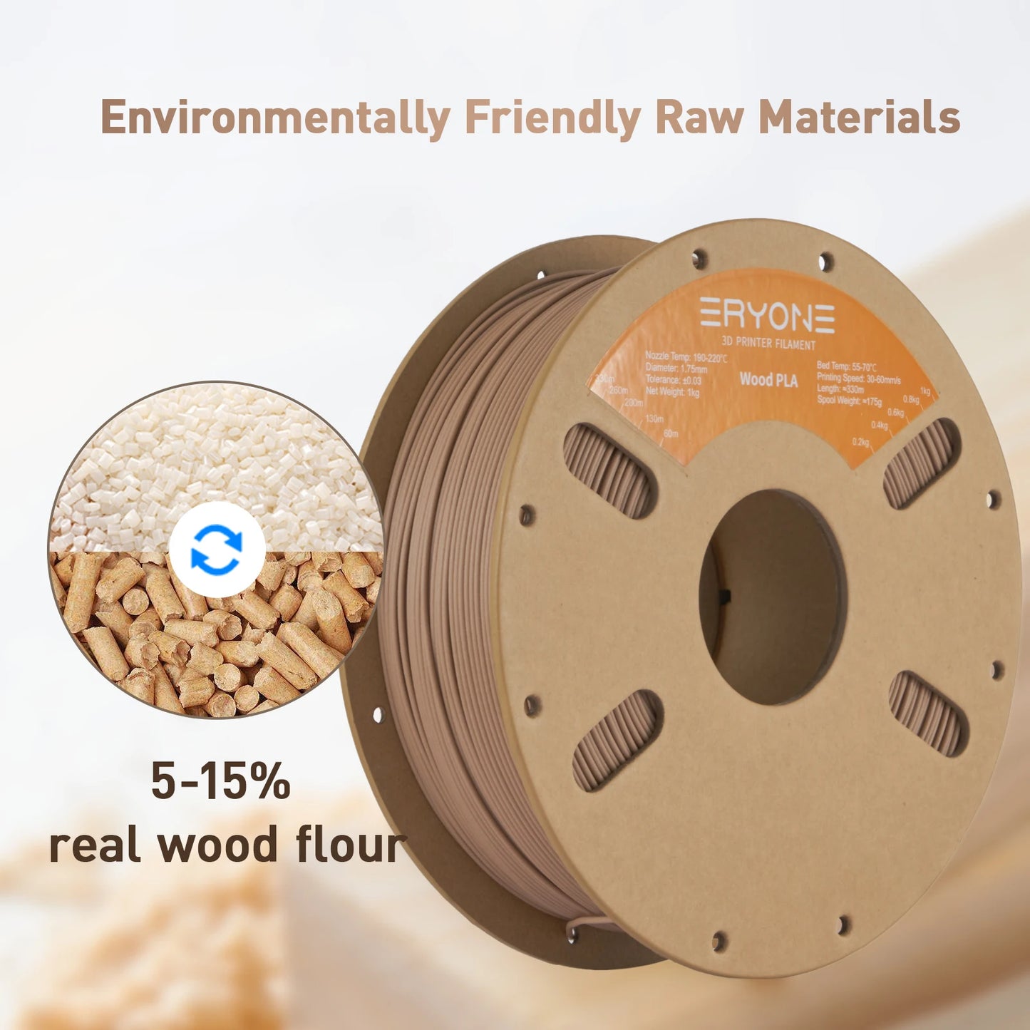 Eryone Wood PLA Filament 1KG 1.75mm High Quality 3D Printing