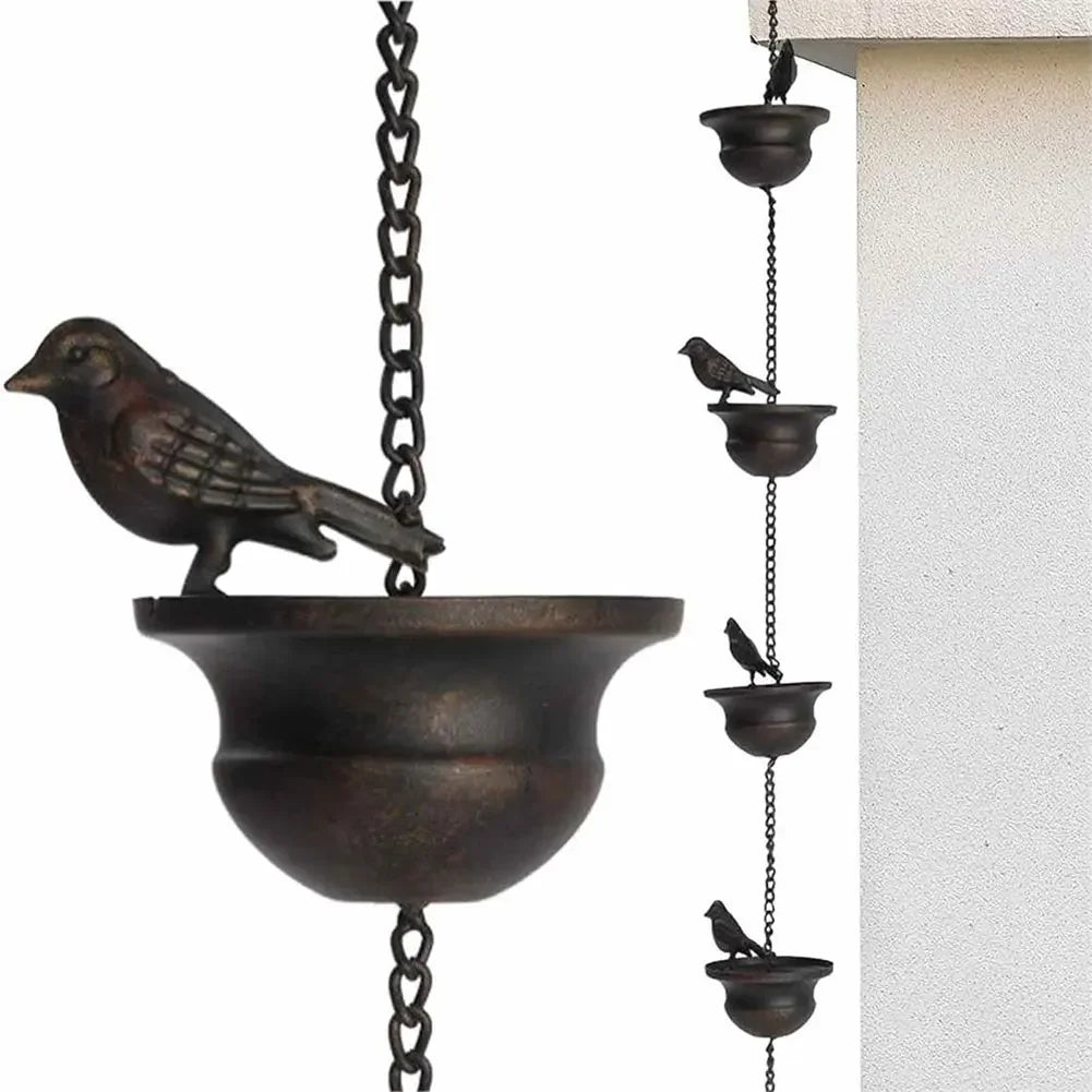 8 Feet Metal Rain Chain with Bird Cups for Outdoor Decor