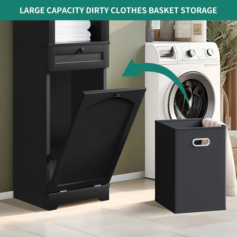 Tall 53 Inch Hidden Laundry Hamper Cabinet With Drawer In Black And Bathroom Storage Shelf