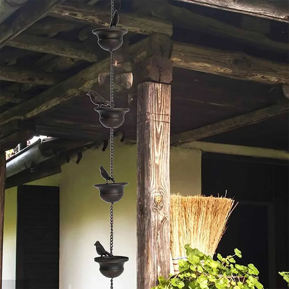 8 Feet Metal Rain Chain with Bird Cups for Outdoor Decor