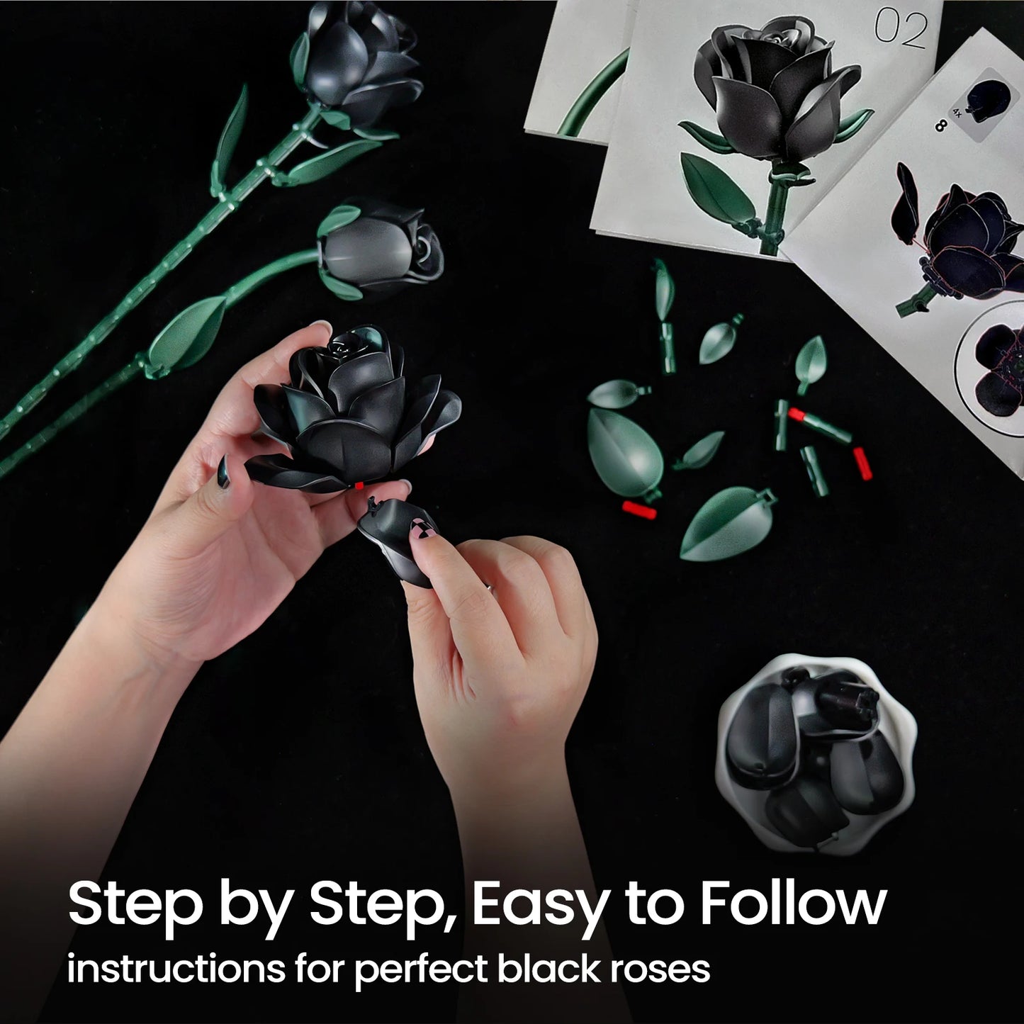 Black Roses Building Block Set 3PCS Floral Home Decor Gifts