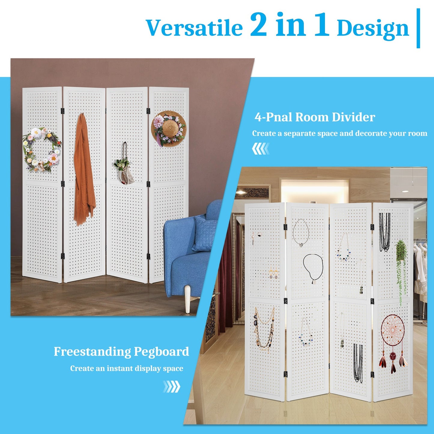 5 Ft Wood Freestanding Pegboard Room Divider Organizer