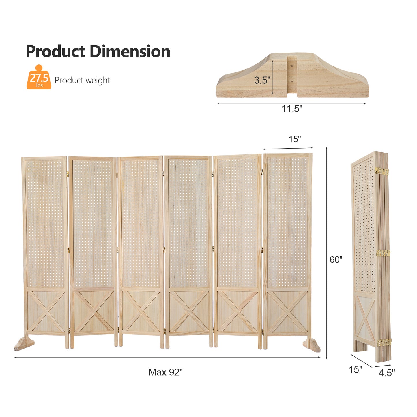 Vingli 60 Inch Freestanding Wood Pegboard Room Divider