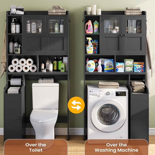 Over Toilet Cabinet With Glass Doors And Toilet Paper Holder