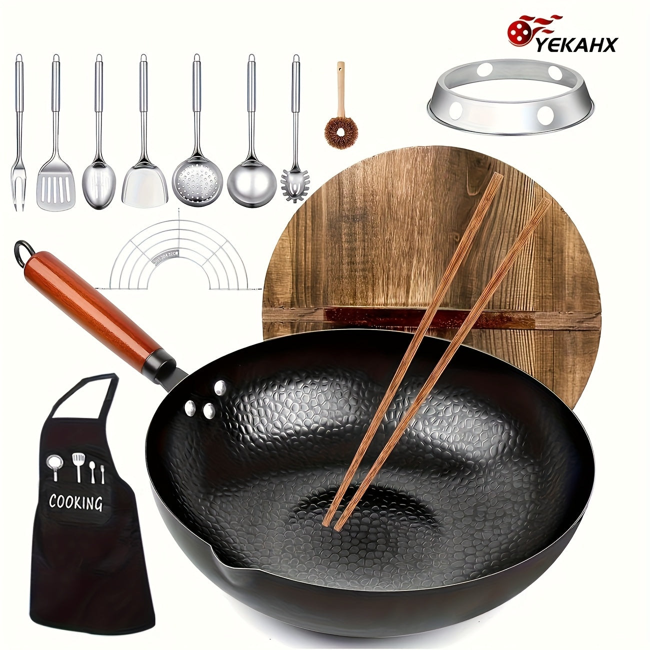 Hihegd Cast Iron Wok Set 14 Piece Induction Safe With Lid